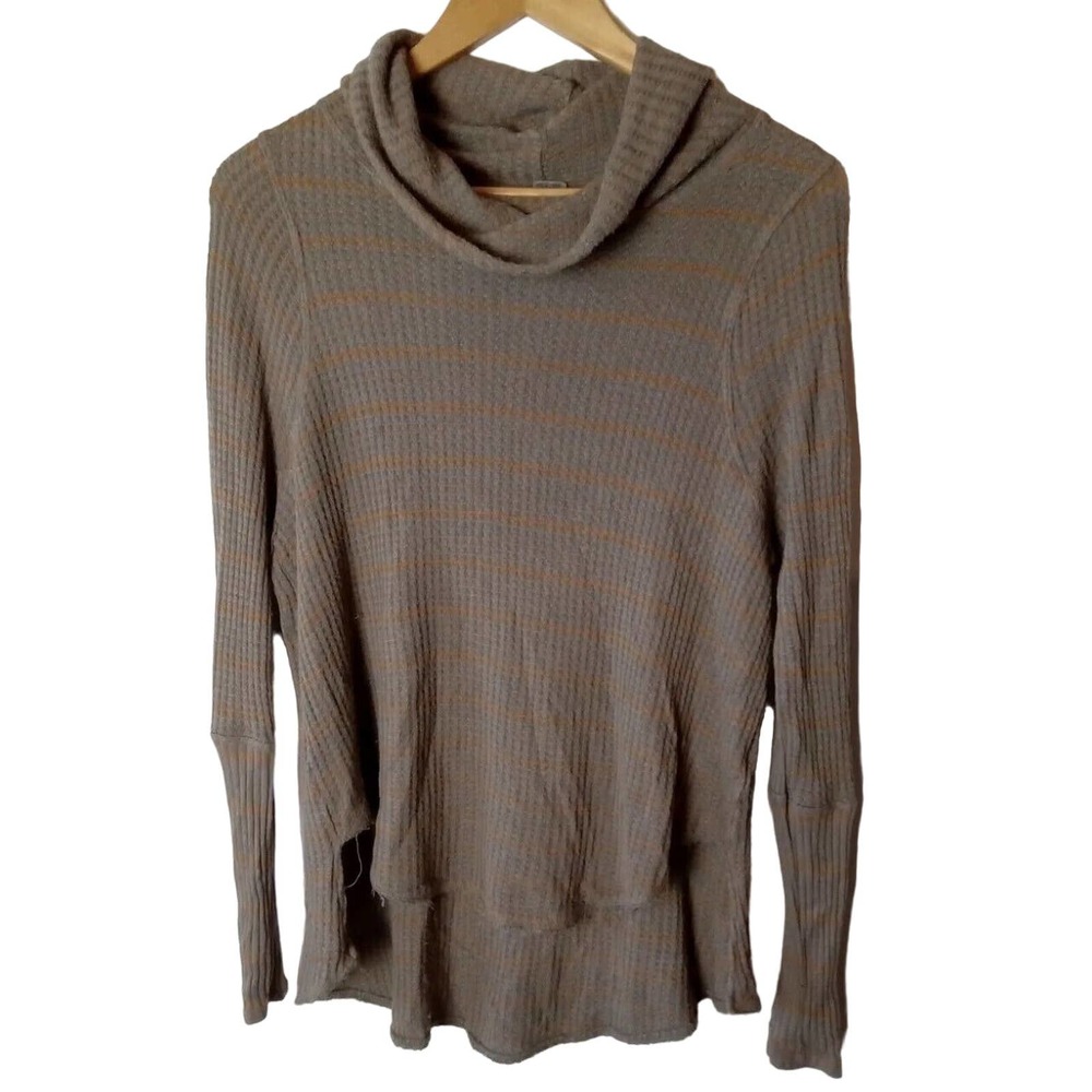We The Free Shirt Womens M Boho Waffle Knit Long Cuff Swoop Neck Raw Hem